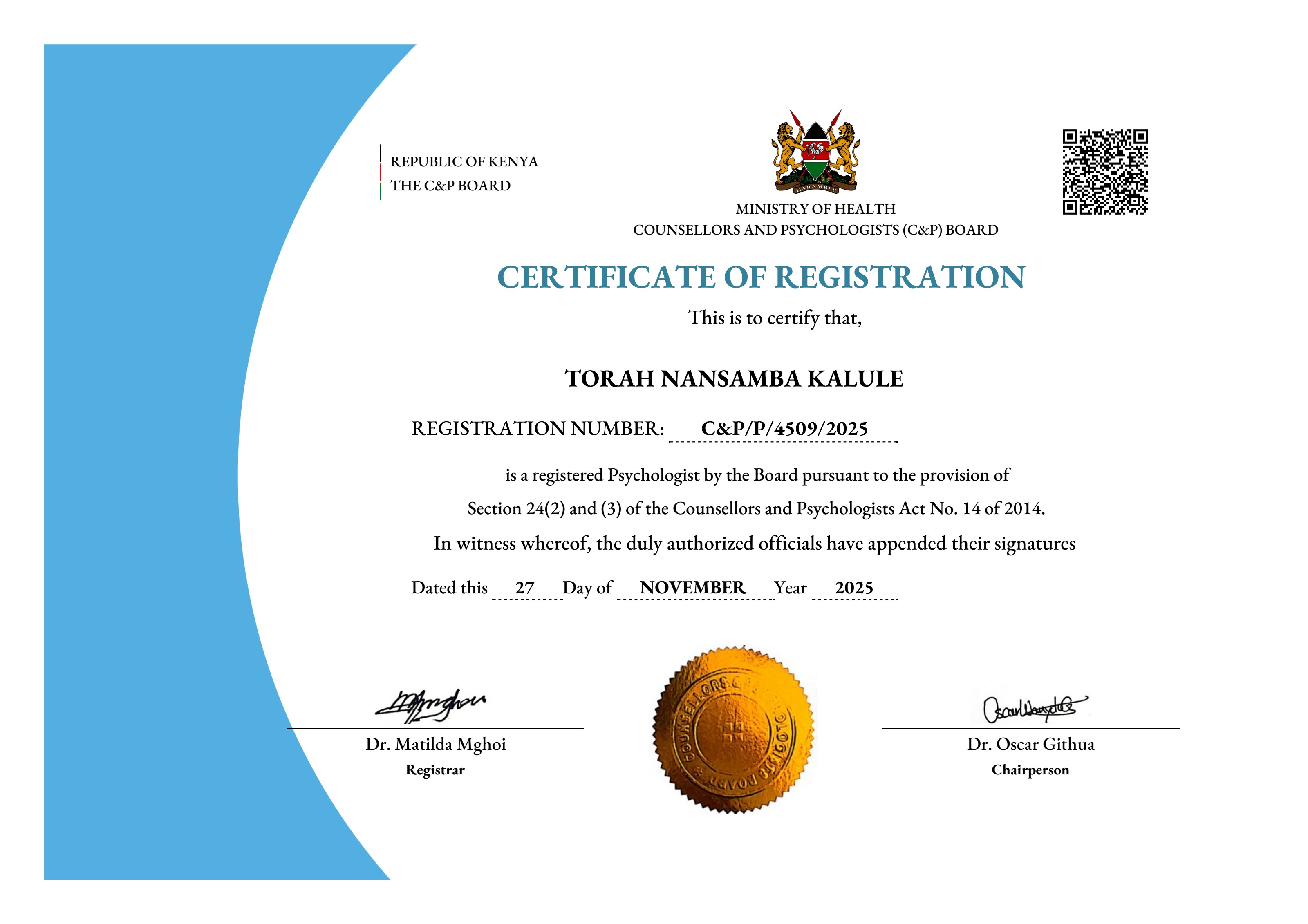 KCPB Certificate of Registration for Torah Nansamba Kalule, Registration Number C&P/P/4509/2025